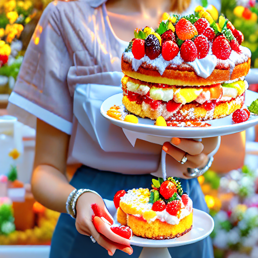082_a woman holding a plate of cake in her hand.png